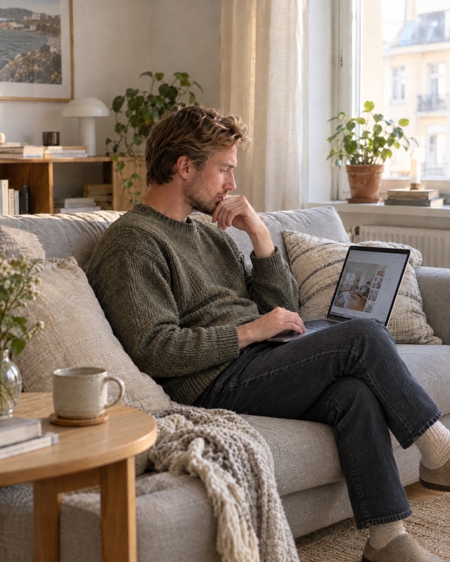 Man i soffan som tittar på en bostadsannons i laptopen